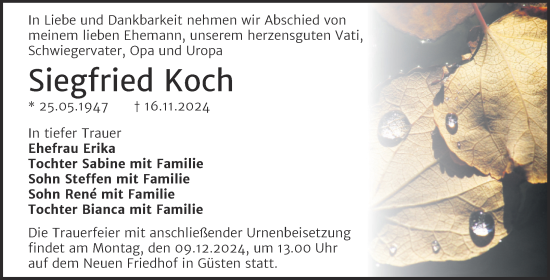 Traueranzeige von Siegfried Koch von Trauerkombi Bernburg