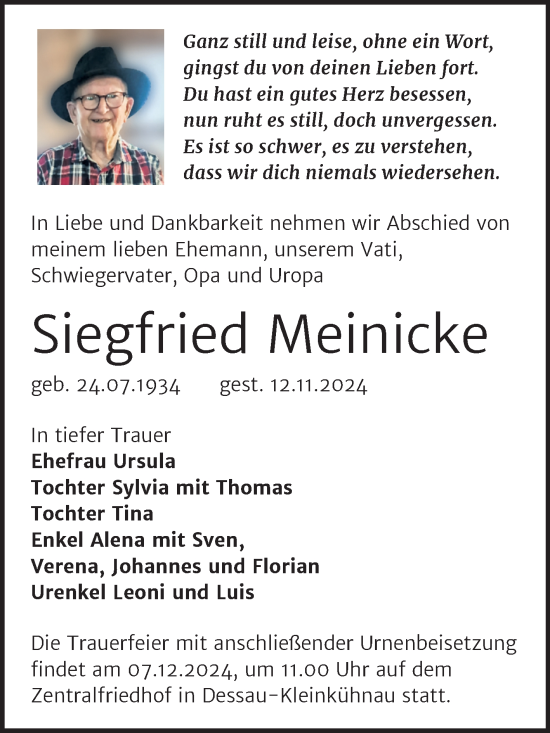 Traueranzeige von Siegfried Meinicke von Trauerkombi Dessau