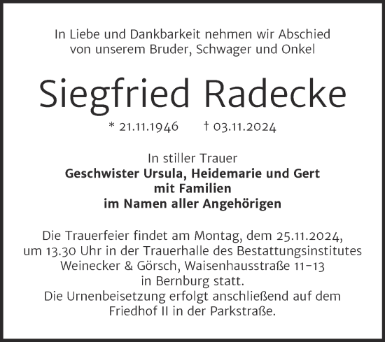 Traueranzeige von Siegfried Radecke von Trauerkombi Bernburg