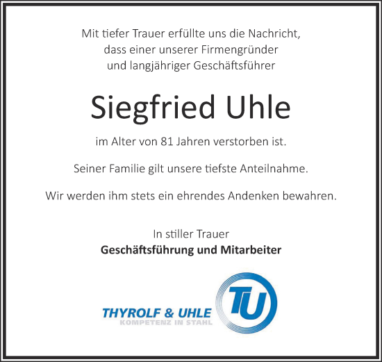Traueranzeige von Siegfried Uhle von Mitteldeutsche Zeitung Dessau-Roßlau