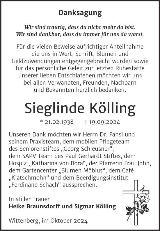 Traueranzeige von Sieglinde Kölling von Trauerkombi Wittenberg