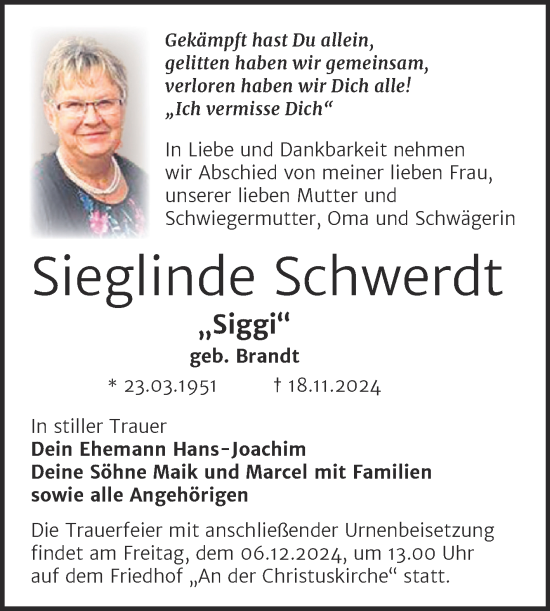 Traueranzeige von Sieglinde Schwerdt von Trauerkombi Wittenberg