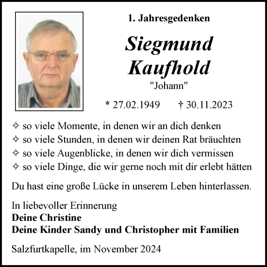 Traueranzeige von Siegmund Kaufhold von Trauerkombi Bitterfeld