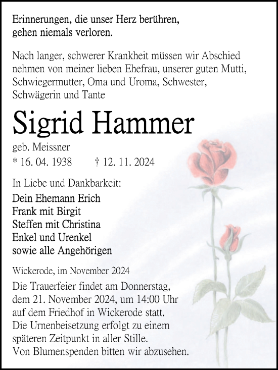 Traueranzeige von Sigrid Hammer von Mitteldeutsche Zeitung Sangerhausen
