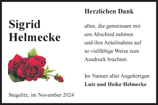 Traueranzeige von Sigrid Helmecke von Volksstimme Altmark Ost