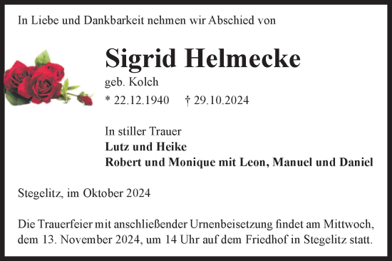 Traueranzeige von Sigrid Helmecke von Volksstimme Altmark Ost