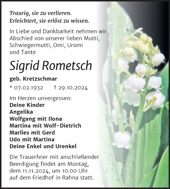 Traueranzeige von Sigrid Rometsch von Trauerkombi Weißenfels