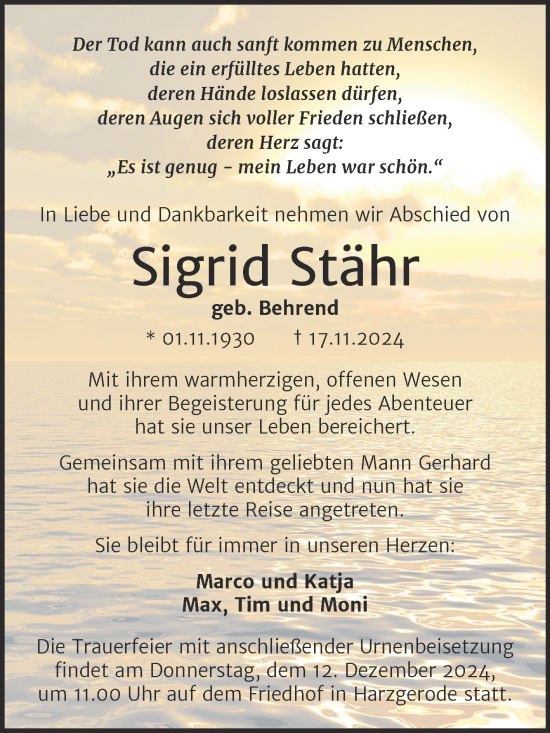Traueranzeige von Sigrid Stähr von Trauerkombi Quedlinburg