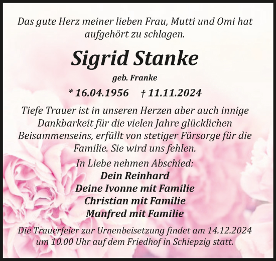 Traueranzeige von Sigrid Stanke von Mitteldeutsche Zeitung Halle/Saalkreis