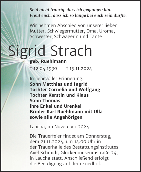 Traueranzeige von Sigrid Strach von Naumburger Tageblatt
