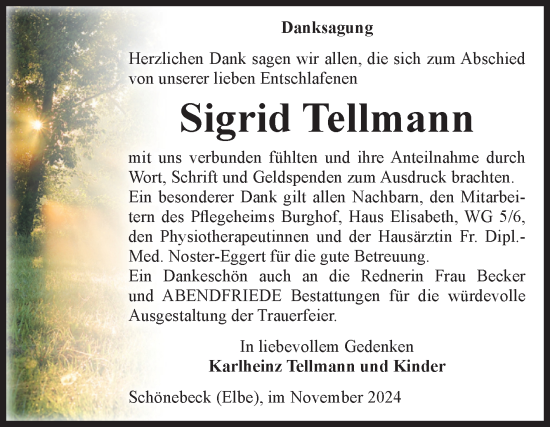 Traueranzeige von Sigrid Tellmann von Volksstimme Schönebeck