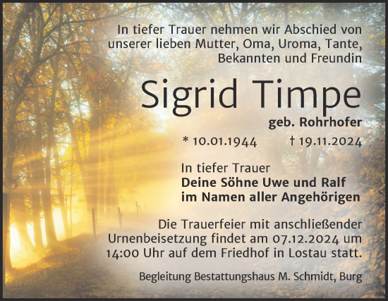 Traueranzeige von Sigrid Timpe von Volksstimme Burg/Genthin