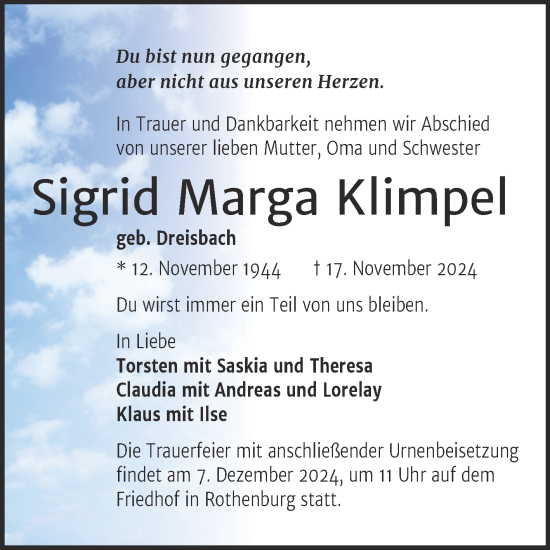 Traueranzeige von Sigrid Marga Klimpel von Mitteldeutsche Zeitung Halle/Saalkreis