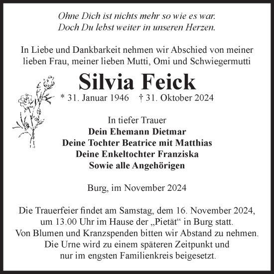Traueranzeige von Silvia Feick von Volksstimme Burg/Genthin