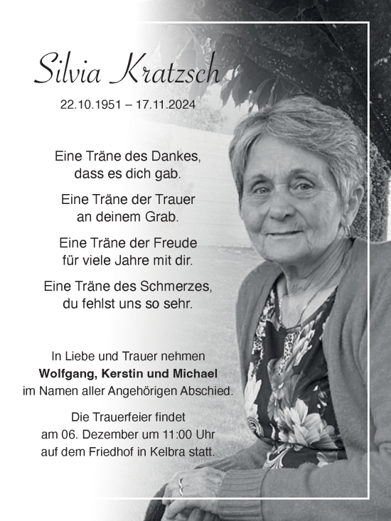 Traueranzeige von Silvia Kratzsch von Trauerkombi Sangerhausen
