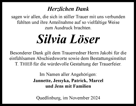 Traueranzeige von Silvia Löser von Trauerkombi Quedlinburg