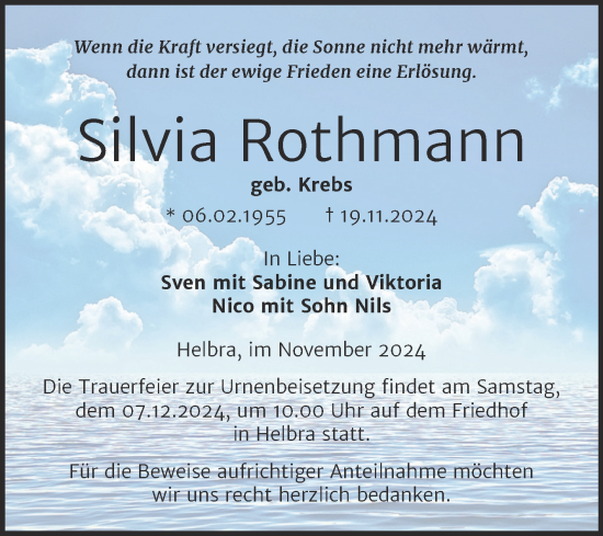 Traueranzeige von Silvia Rothmann von Trauerkombi Mansfelder Land