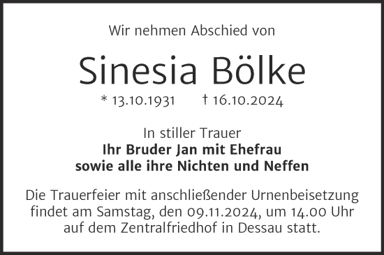 Traueranzeige von Sinesia Bölke von Trauerkombi Dessau