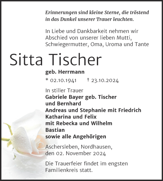 Traueranzeige von Sitta Tischer von Mitteldeutsche Zeitung Aschersleben