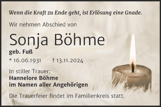 Traueranzeige von Sonja Böhme von Trauerkombi Bitterfeld