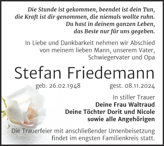 Traueranzeige von Stefan Friedemann von Super Sonntag Naumburg/Nebra