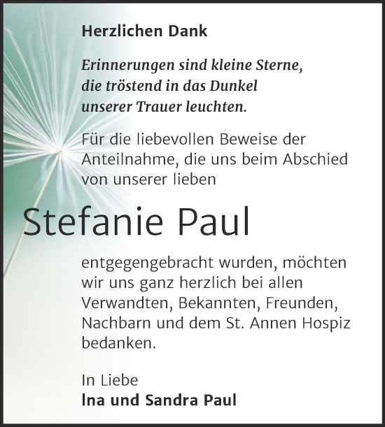 Traueranzeige von Stefanie Paul von Trauerkombi Mansfelder Land
