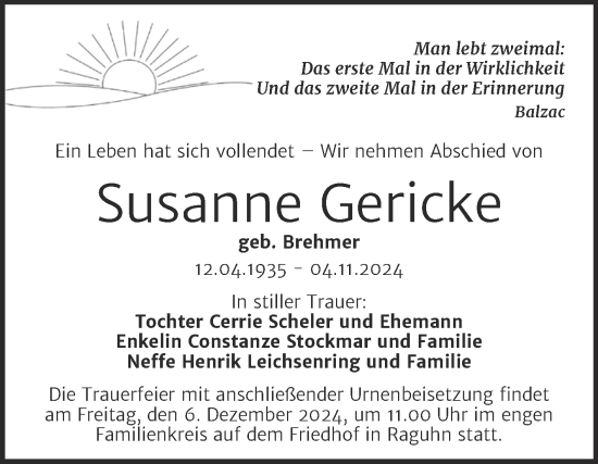 Traueranzeige von Susanne Gericke von Trauerkombi Bitterfeld