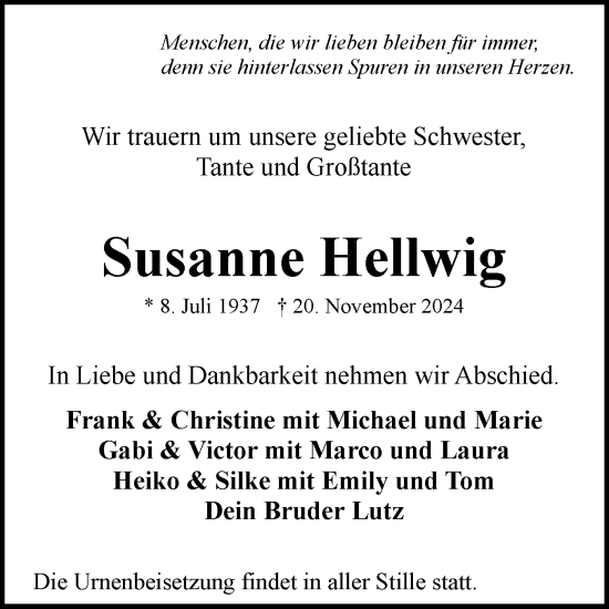 Traueranzeige von Susanne Hellwig von Volksstimme Magdeburg