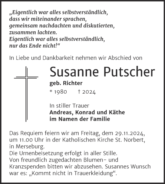 Traueranzeige von Susanne Putscher von Trauerkombi Merseburg
