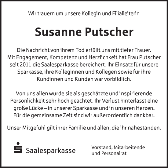 Traueranzeige von Susanne Putscher von Mitteldeutsche Zeitung Halle/Saalkreis