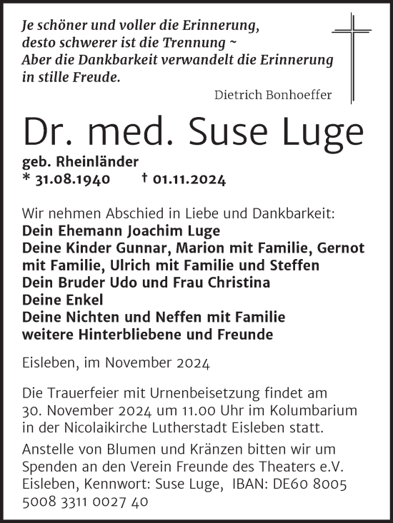 Traueranzeige von Suse Luge von Trauerkombi Mansfelder Land