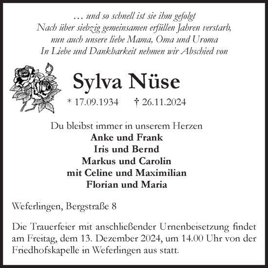 Traueranzeige von Sylva Nüse von Volksstimme Haldensleben/Wolmirstedt