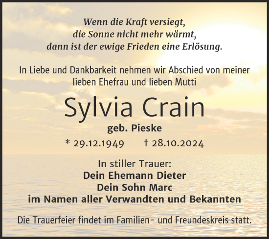 Traueranzeige von Sylvia Crain von Trauerkombi Dessau