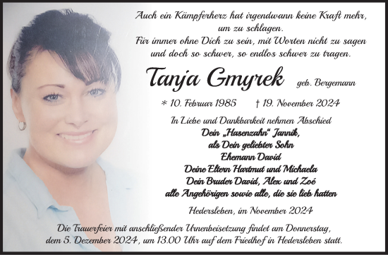 Traueranzeige von Tanja Gmyrek von Super Sonntag Quedlingburg