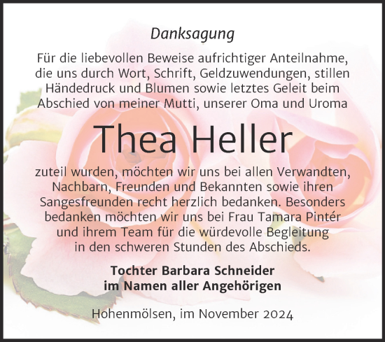 Traueranzeige von Thea Heller von Trauerkombi Weißenfels
