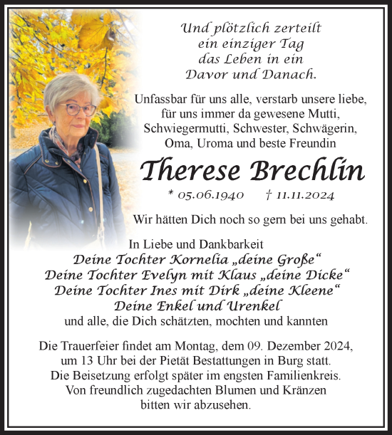Traueranzeige von Therese Brechlin 