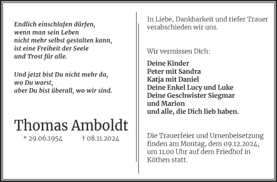 Traueranzeige von Thomas Amboldt von Trauerkombi Köthen