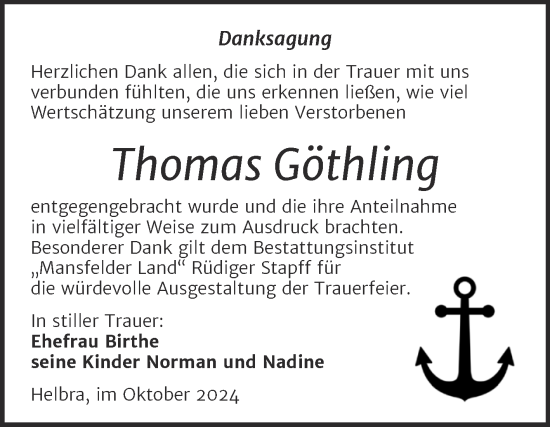 Traueranzeige von Thomas Göthling von Trauerkombi Mansfelder Land