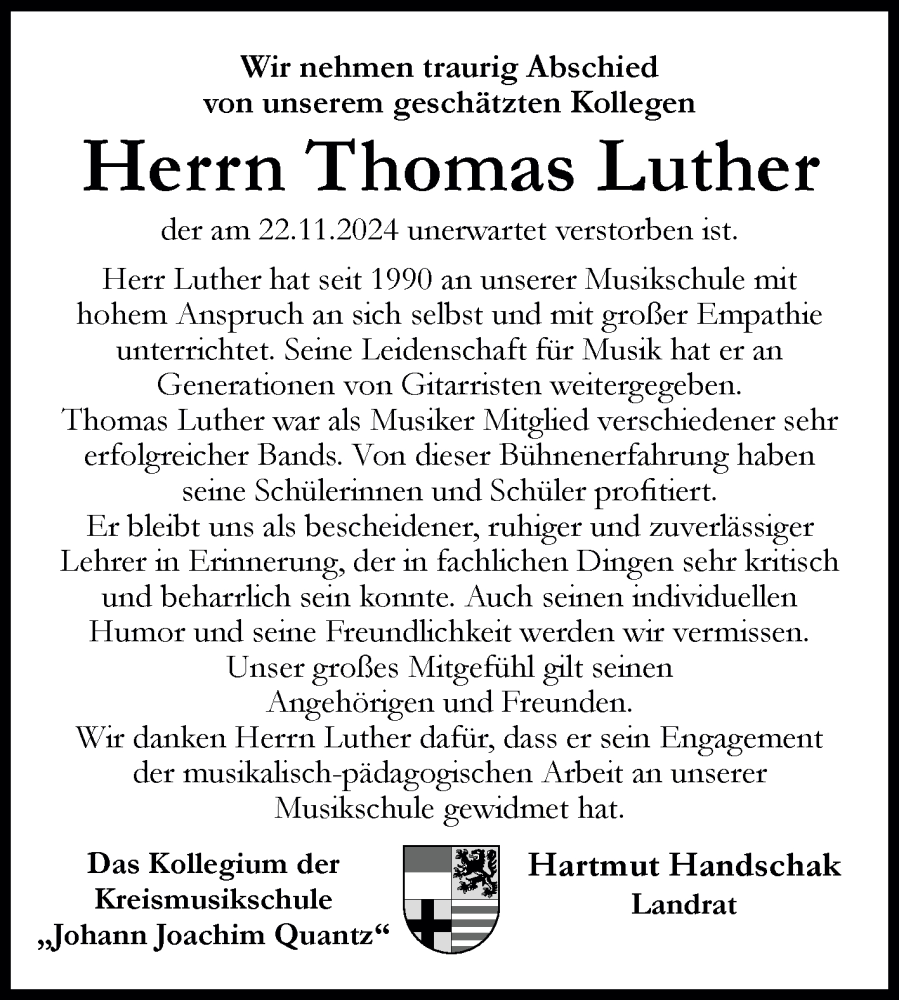  Traueranzeige für Thomas Luther vom 30.11.2024 aus Mitteldeutsche Zeitung Halle/Saalkreis