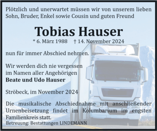 Traueranzeige von Tobias Hauser von Volksstimme Halberstadt