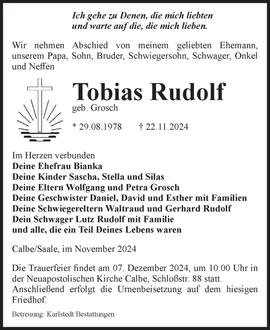 Traueranzeige von Tobias Rudolf von Volksstimme Schönebeck