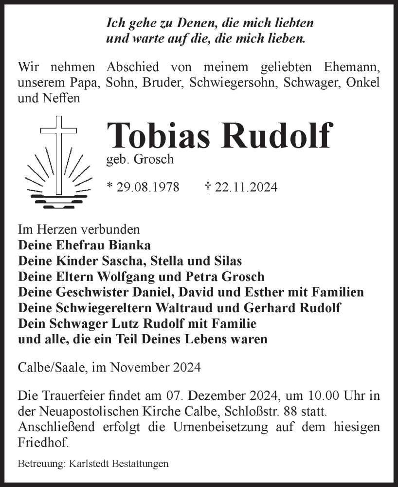  Traueranzeige für Tobias Rudolf vom 30.11.2024 aus Volksstimme Schönebeck