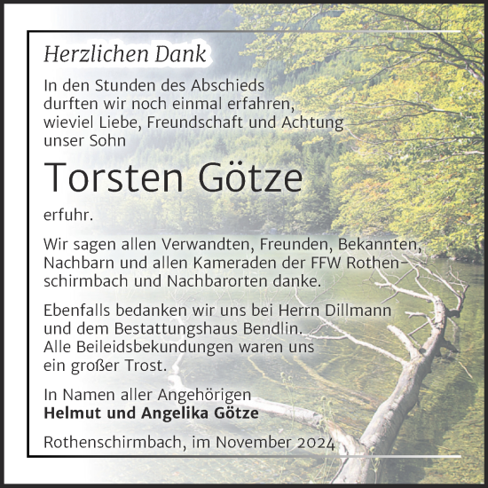 Traueranzeige von Torsten Götze von Trauerkombi Mansfelder Land