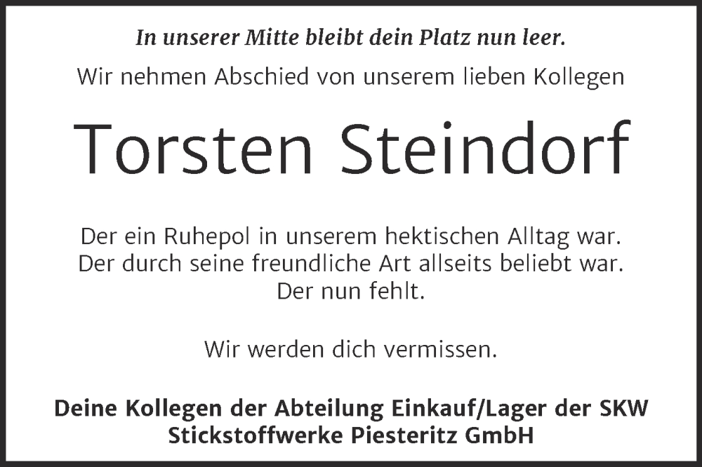  Traueranzeige für Torsten Steindorf vom 23.11.2024 aus Super Sonntag Wittenberg