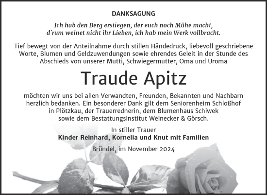 Traueranzeige von Traude Apitz von Trauerkombi Bernburg