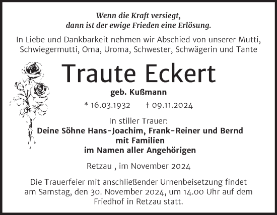 Traueranzeige von Traute Eckert von Trauerkombi Bitterfeld
