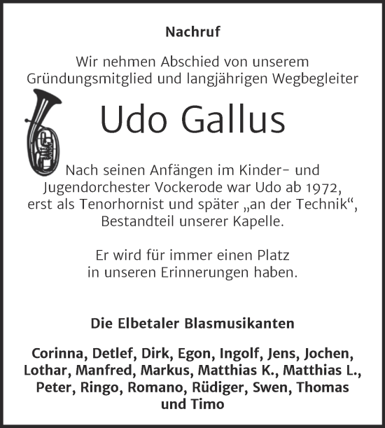 Traueranzeige von Udo Gallus von Trauerkombi Wittenberg