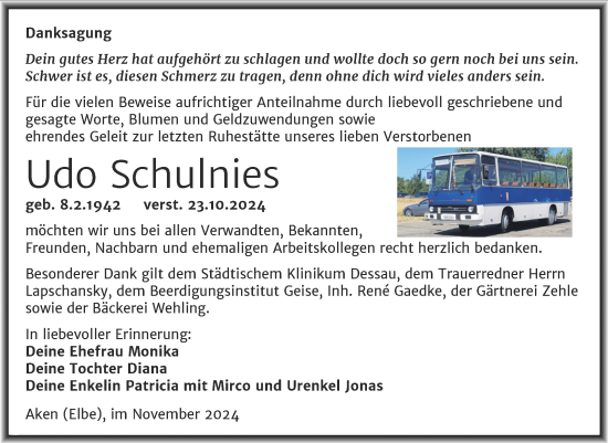 Traueranzeige von Udo Schulnies von Trauerkombi Köthen