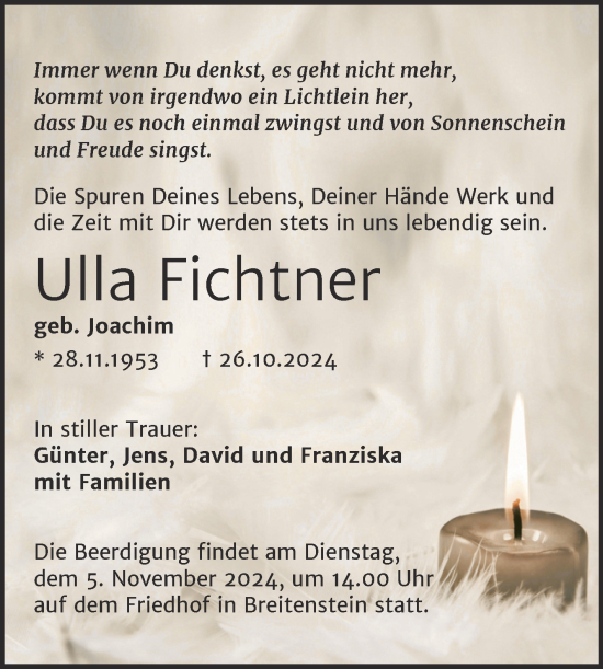 Traueranzeige von Ulla Fichtner von Trauerkombi Sangerhausen