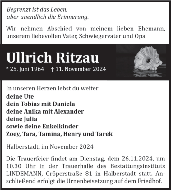 Traueranzeige von Ullrich Ritzau von Volksstimme Halberstadt
